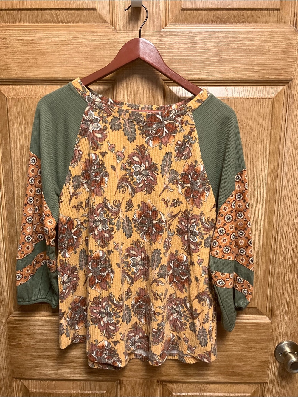 Cato Mustard Floral Raglan Sleeve Top with Olive Accents